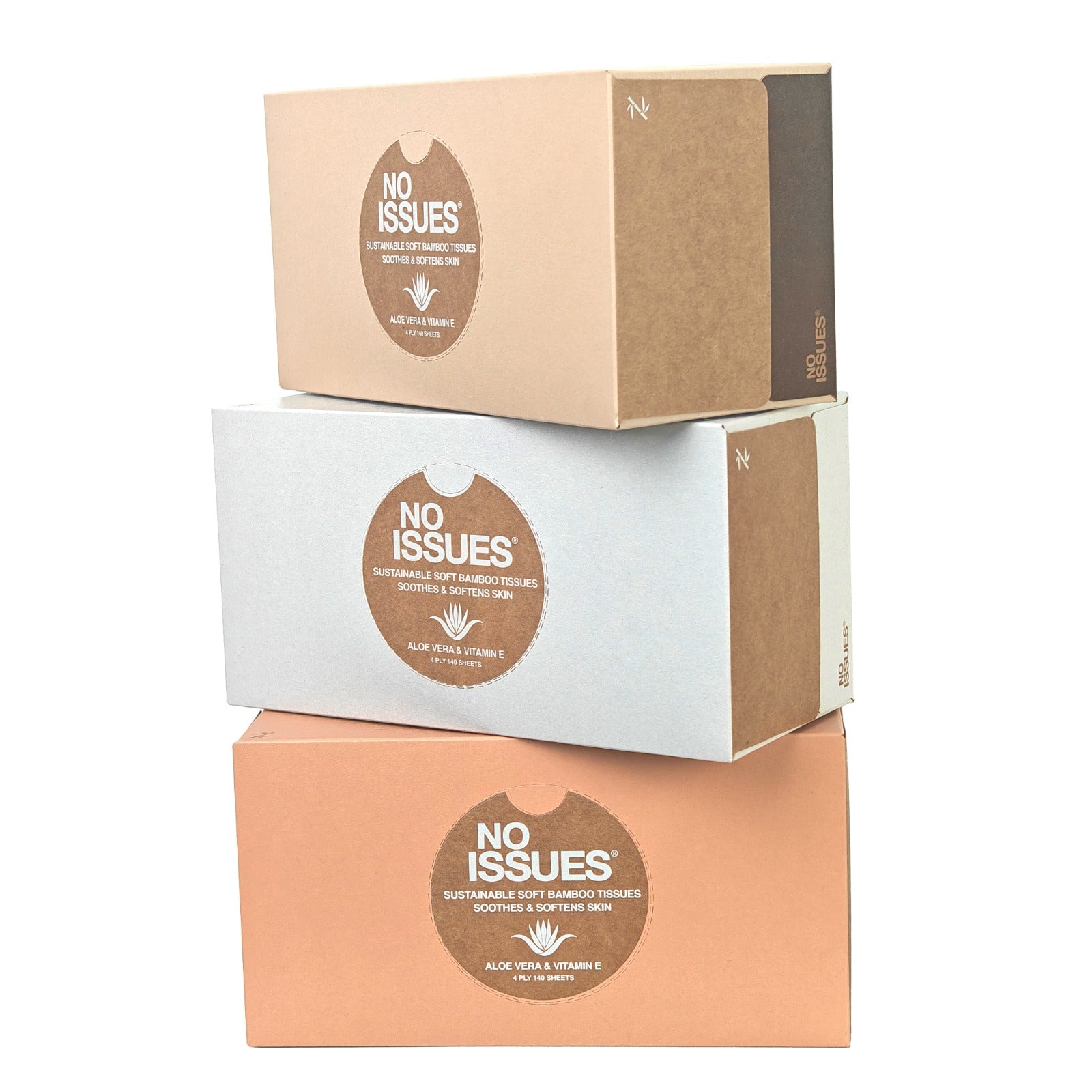 No Issues 4Ply Tissues With Aloe Vera & Vitamin E Assorted 140 pack 100% Bamboo (Peche colorway)